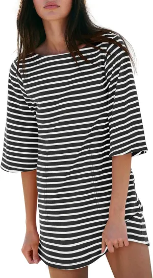 Yousify Women’s T Shirt Dress Cotton Summer Dresses 2025 Casual Loose Short Sleeve Striped Mini Dress with Pockets