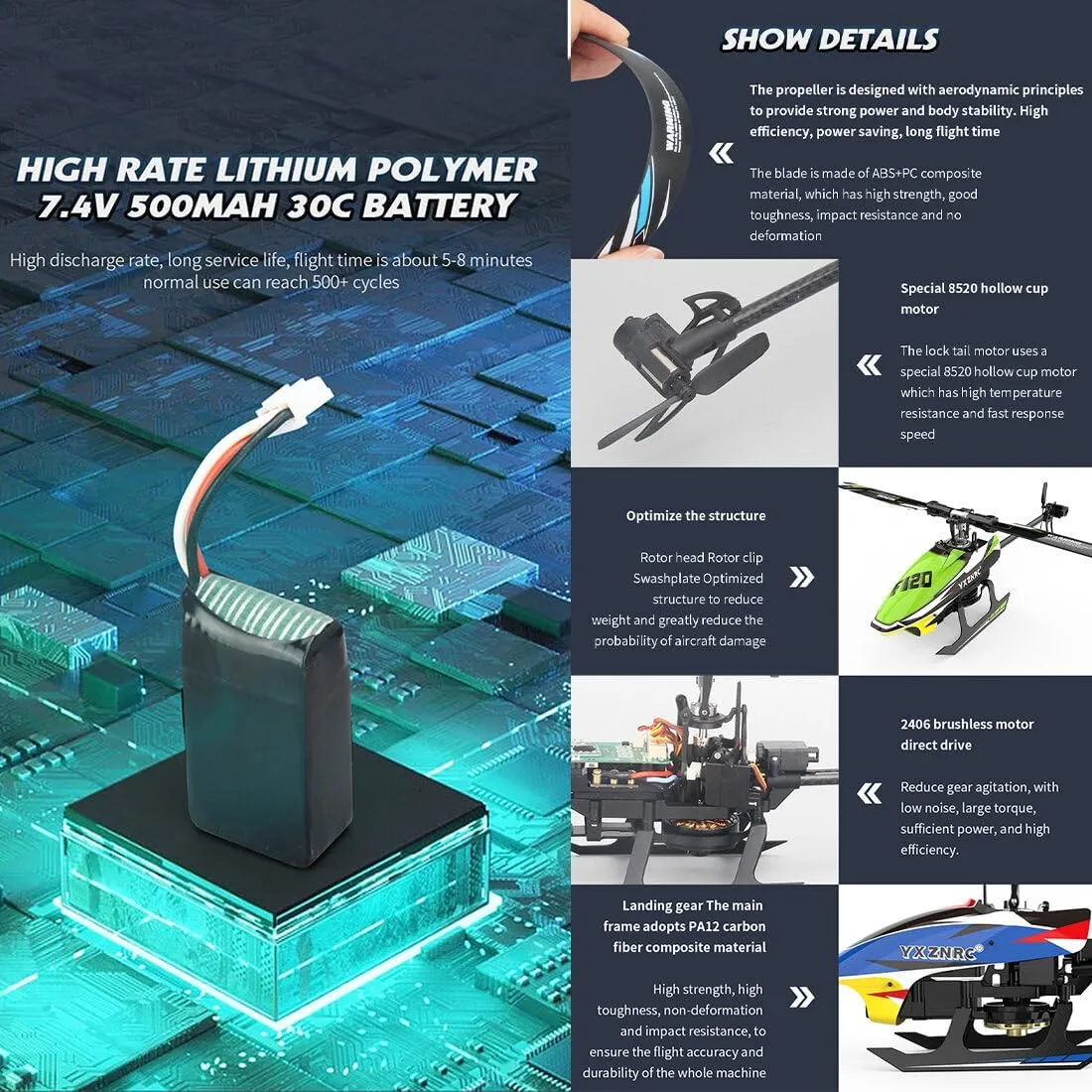YU Xiang F120 Remote Control Helicopter 6CH Direct Drive Brushless RC Helicopter with 6-Axis Gyro, 3D/6G Mode, Metal Digital Servo, Mini Hobby Helicopters RC Aircraft - Right Control/Blue