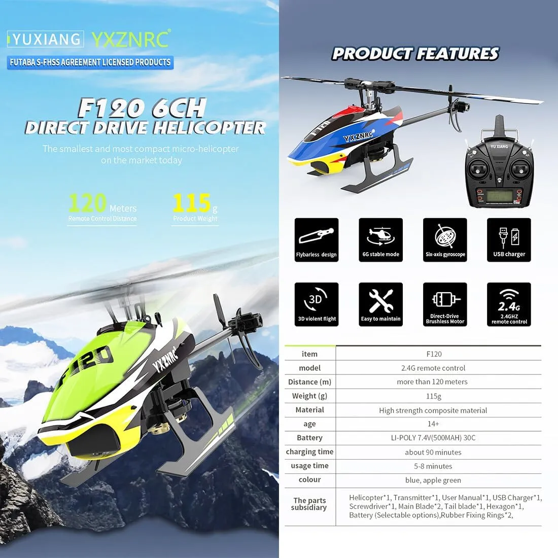 YU Xiang F120 Remote Control Helicopter 6CH Direct Drive Brushless RC Helicopter with 6-Axis Gyro, 3D/6G Mode, Metal Digital Servo, Mini Hobby Helicopters RC Aircraft - Right Control/Blue