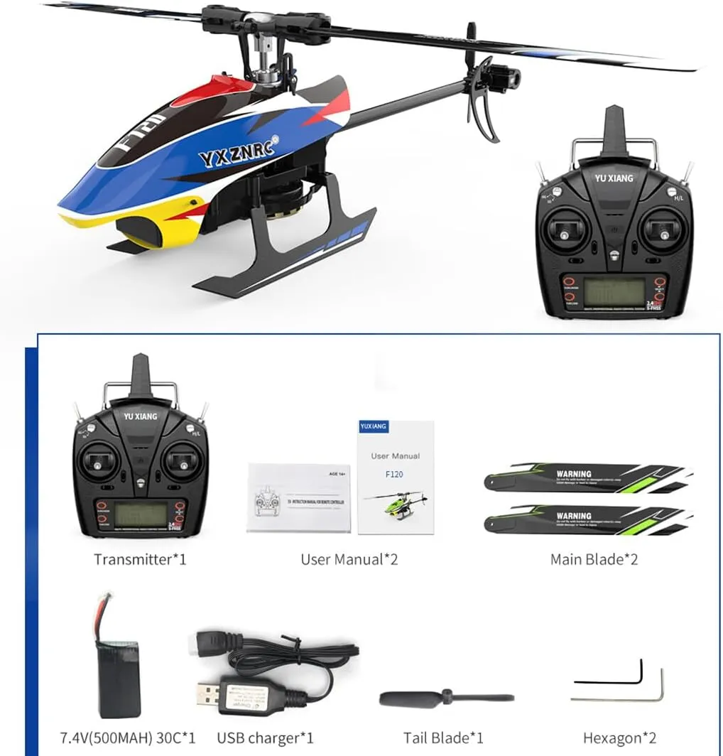YU Xiang F120 Remote Control Helicopter 6CH Direct Drive Brushless RC Helicopter with 6-Axis Gyro, 3D/6G Mode, Metal Digital Servo, Mini Hobby Helicopters RC Aircraft - Right Control/Blue