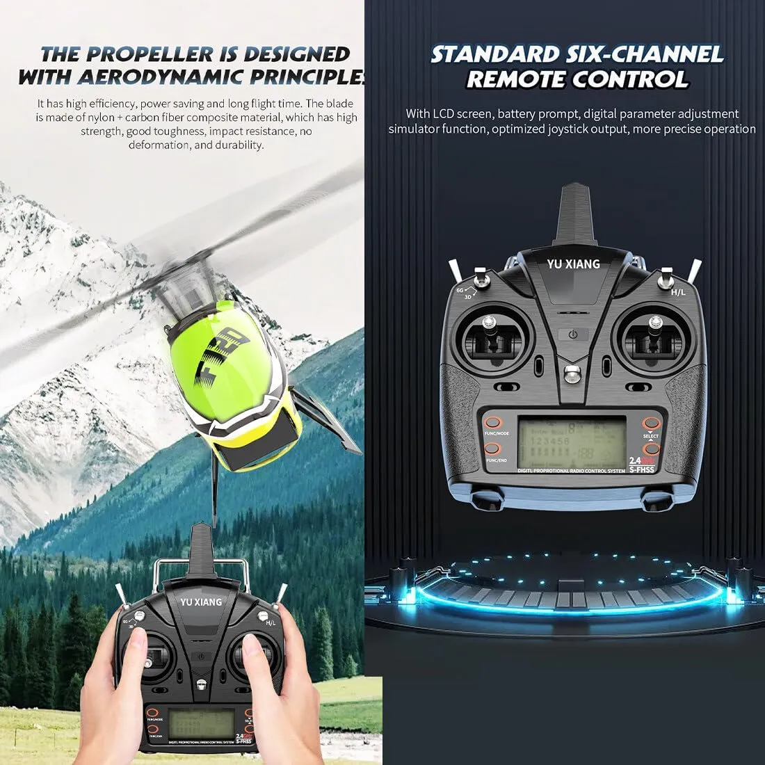 YU Xiang F120 Remote Control Helicopter 6CH Direct Drive Brushless RC Helicopter with 6-Axis Gyro, 3D/6G Mode, Metal Digital Servo, Mini Hobby Helicopters RC Aircraft - Right Control/Blue