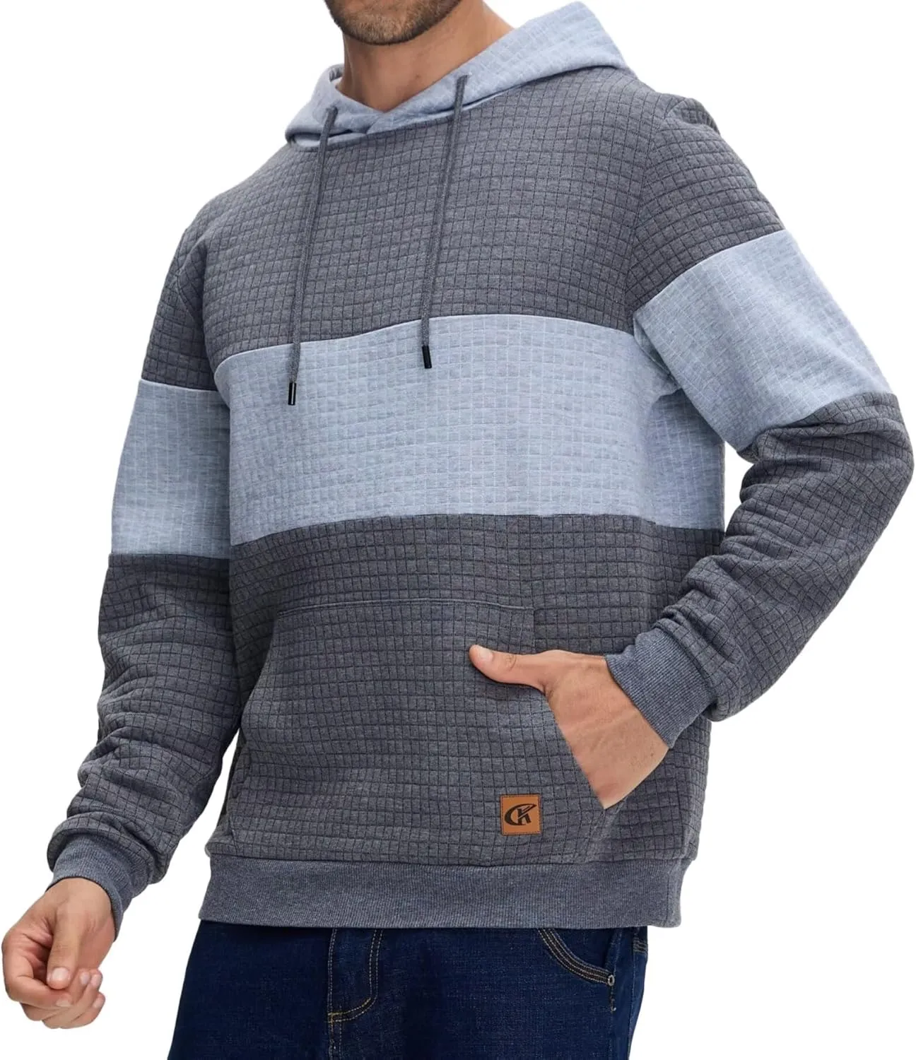 Yundobop Men's Pullover Hoodies Plaid Jacquard Long Sleeve Drawstring Hipster Casual Hooded Sweatshirts with Kanga Pockets