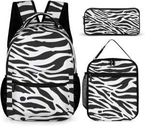 Zebra Backpack with Lunch Box & Pencil Case, 16 Inch Cute Zebras Themed Bookbag, Adjustable Lightweight Large Capacity, Colorful Daily Casual Backpacks Set with Lunch Bag