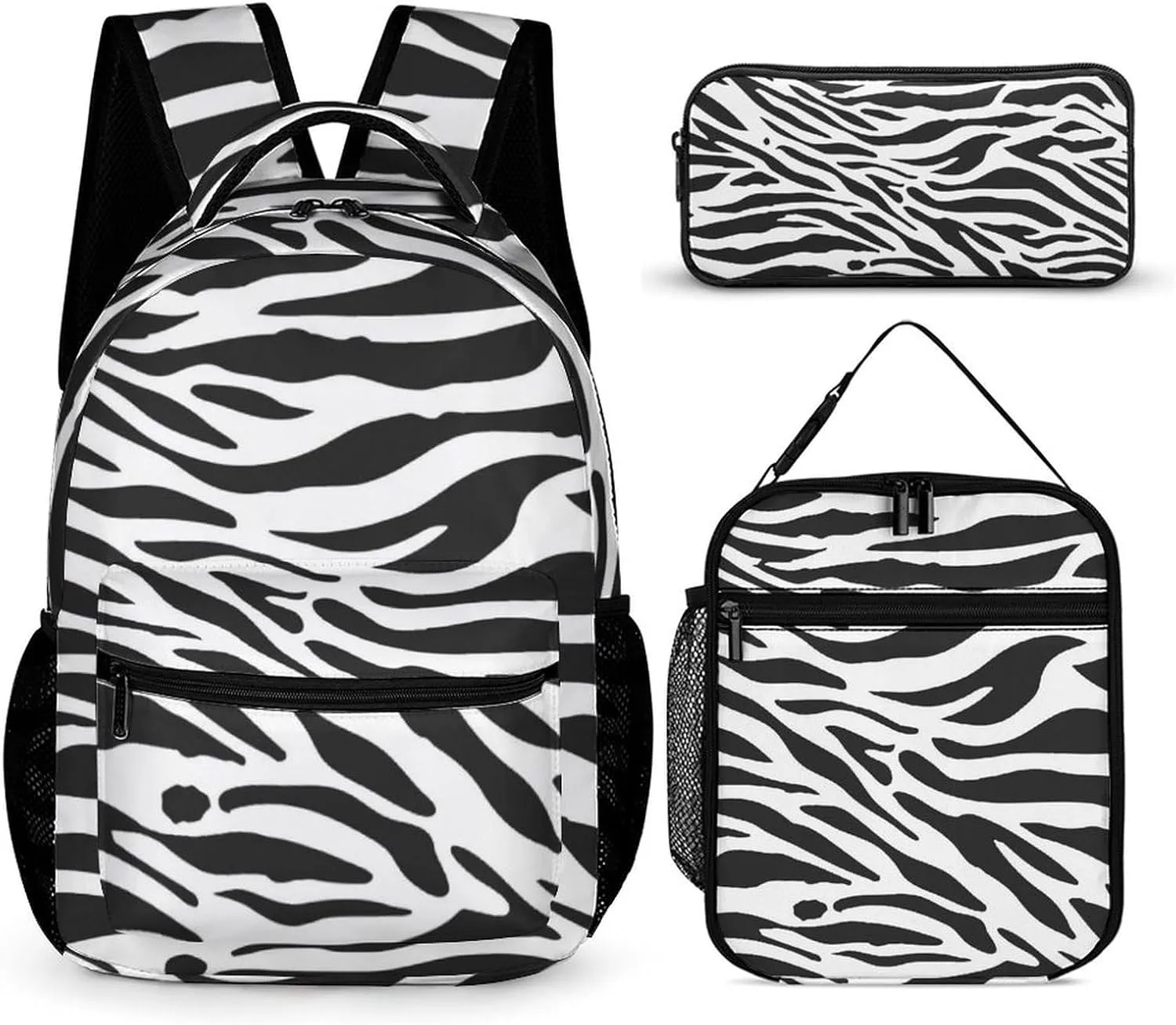 Zebra Backpack with Lunch Box & Pencil Case, 16 Inch Cute Zebras Themed Bookbag, Adjustable Lightweight Large Capacity, Colorful Daily Casual Backpacks Set with Lunch Bag