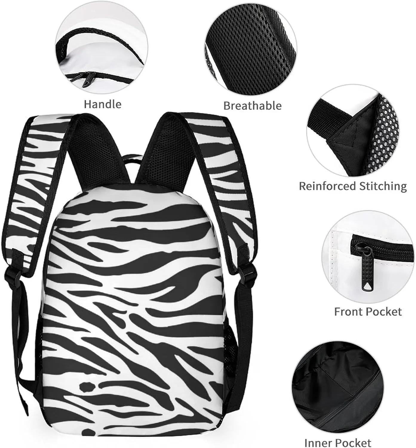 Zebra Backpack with Lunch Box & Pencil Case, 16 Inch Cute Zebras Themed Bookbag, Adjustable Lightweight Large Capacity, Colorful Daily Casual Backpacks Set with Lunch Bag
