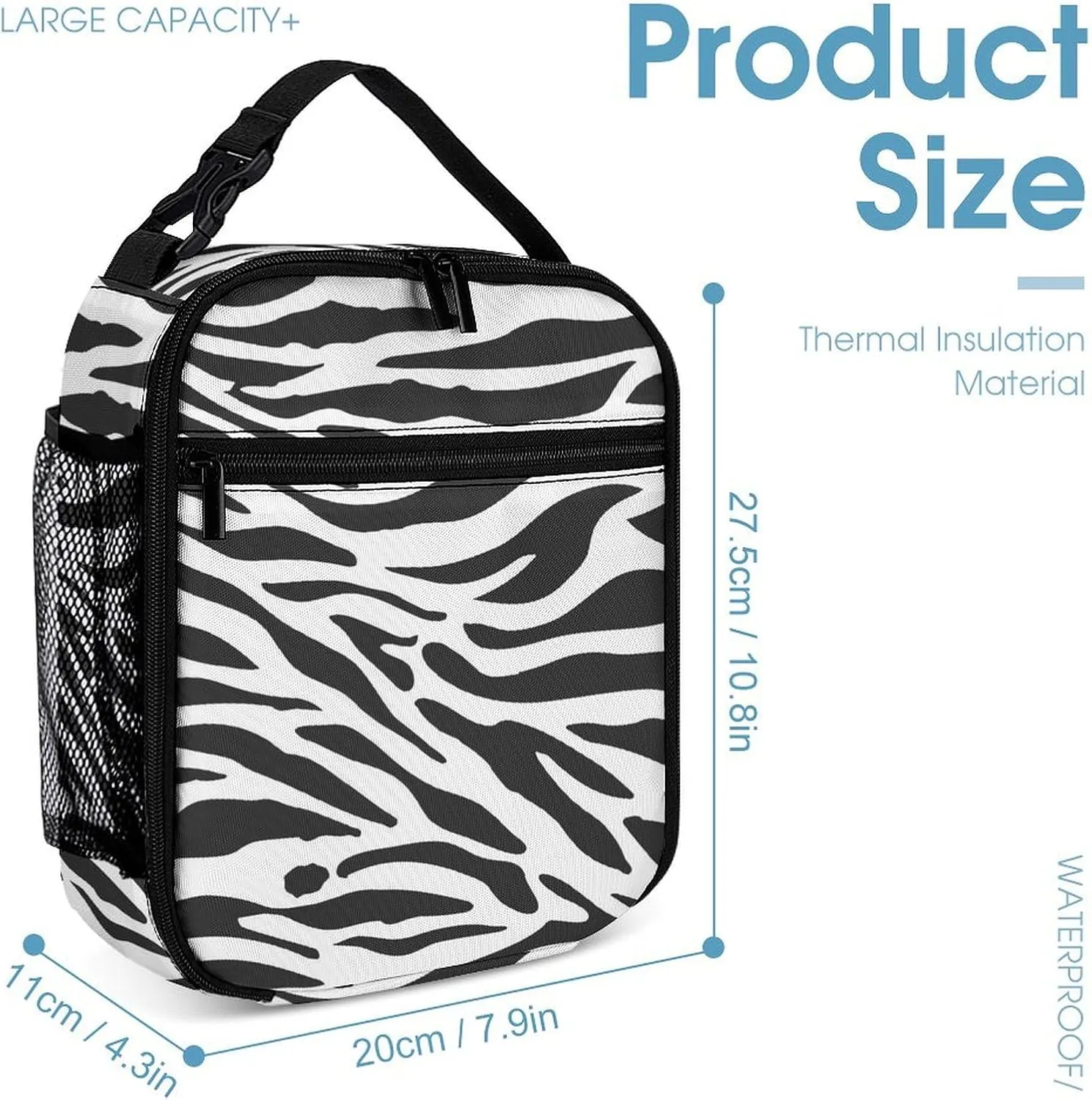 Zebra Backpack with Lunch Box & Pencil Case, 16 Inch Cute Zebras Themed Bookbag, Adjustable Lightweight Large Capacity, Colorful Daily Casual Backpacks Set with Lunch Bag