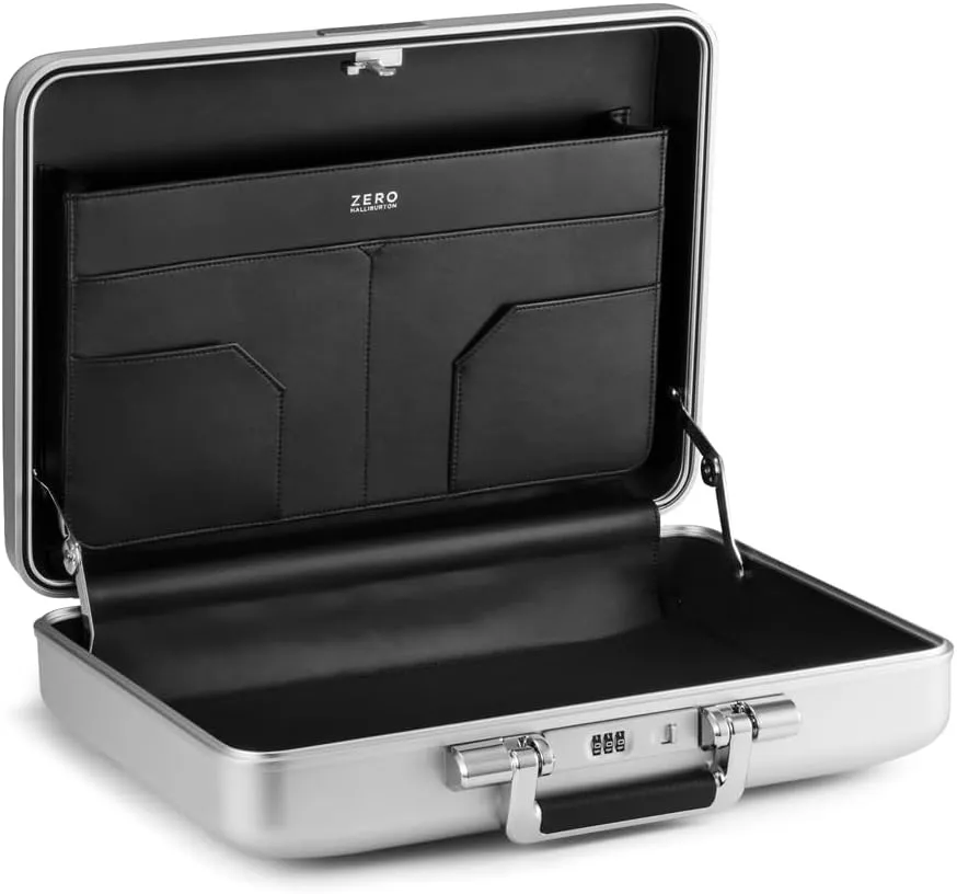ZERO Halliburton Classic Aluminum 3.0 Medium Briefcase, Top Carry Handle, Organizational Sleeve, Fits 15.6 Laptop/B4 files, Single-Lock System, Iconic Double Rib Design, Hardside Attache, Silver