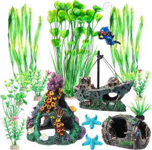 Zeyune 15 Pcs Fish Tank Decorations Mountain Ornament Broken Barrel Sunken Ship Artificial Seaweed Water Plants Colorful Coral Reef for Fish Bowl Aquarium Decor (Green)