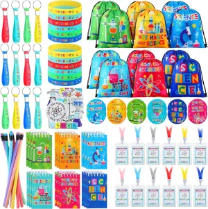 Zhanmai 140 Pcs Science Party Favors Include 12 Keychain 18 Mini Notebooks 50 Science Stickers 12 Bracelets 12 Science Name Badge 12 Drawstring Bags 12 Bendable Pencils 12 Button Pins for Kids Party
