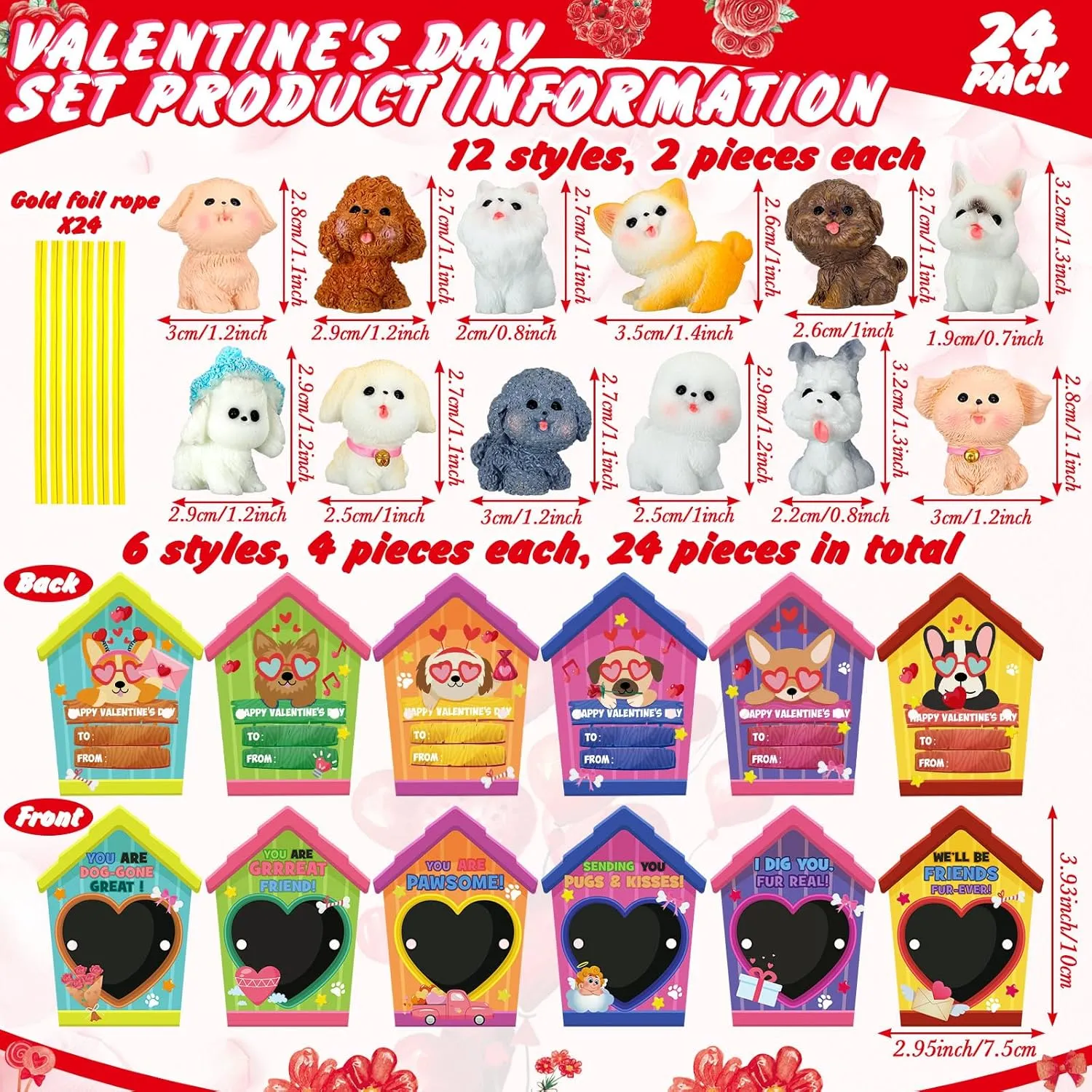 Zhanmai 48 Pcs Dog Valentine‘s Day Gifts Card with Dog Cat Figurines Resin Puppy Miniature Toys for Classroom Kids Heart Card for Valentine School Party Favors Class Exchange Prizes (Charming)