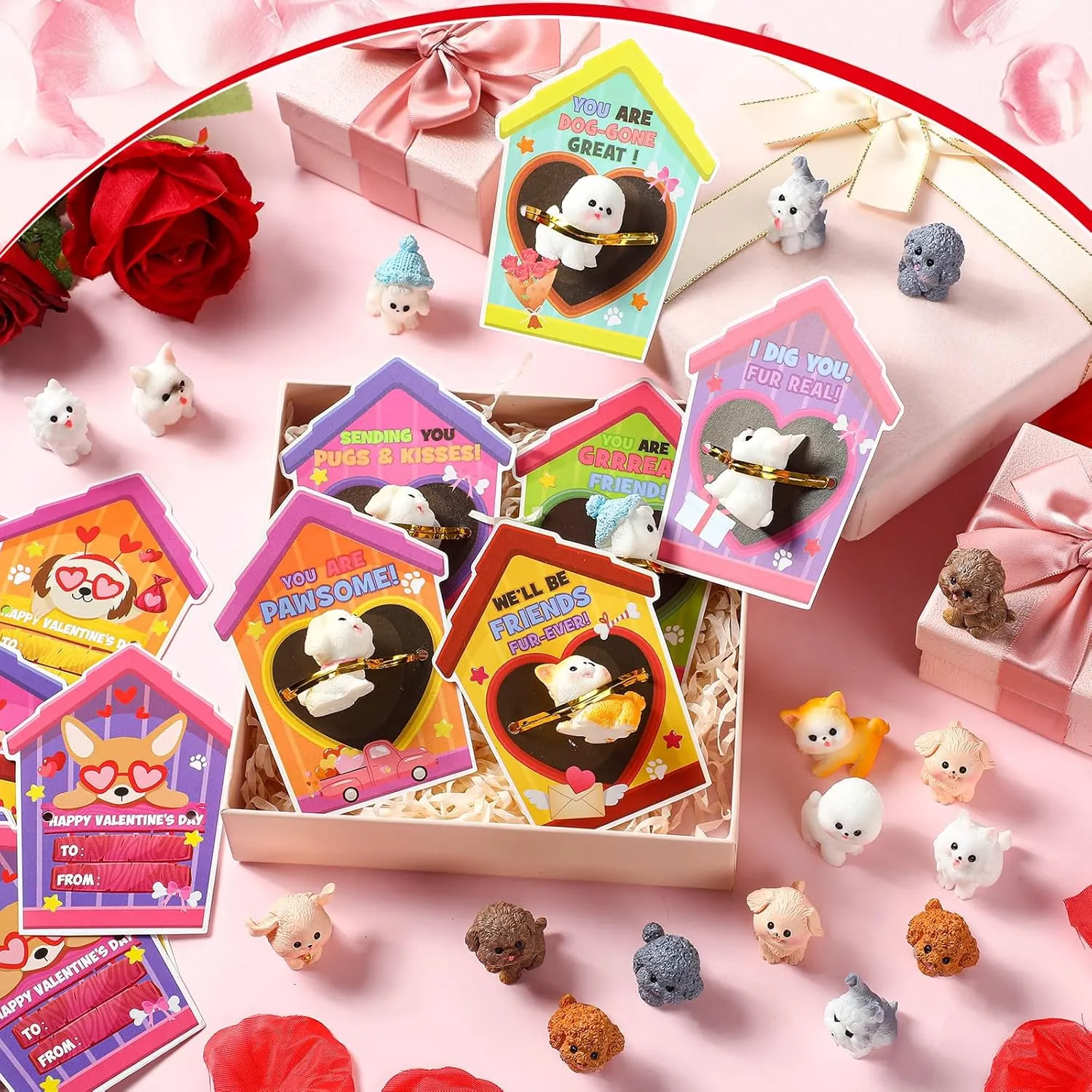 Zhanmai 48 Pcs Dog Valentine‘s Day Gifts Card with Dog Cat Figurines Resin Puppy Miniature Toys for Classroom Kids Heart Card for Valentine School Party Favors Class Exchange Prizes (Charming)