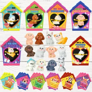 Zhanmai 48 Pcs Dog Valentine‘s Day Gifts Card with Dog Cat Figurines Resin Puppy Miniature Toys for Classroom Kids Heart Card for Valentine School Party Favors Class Exchange Prizes (Charming)
