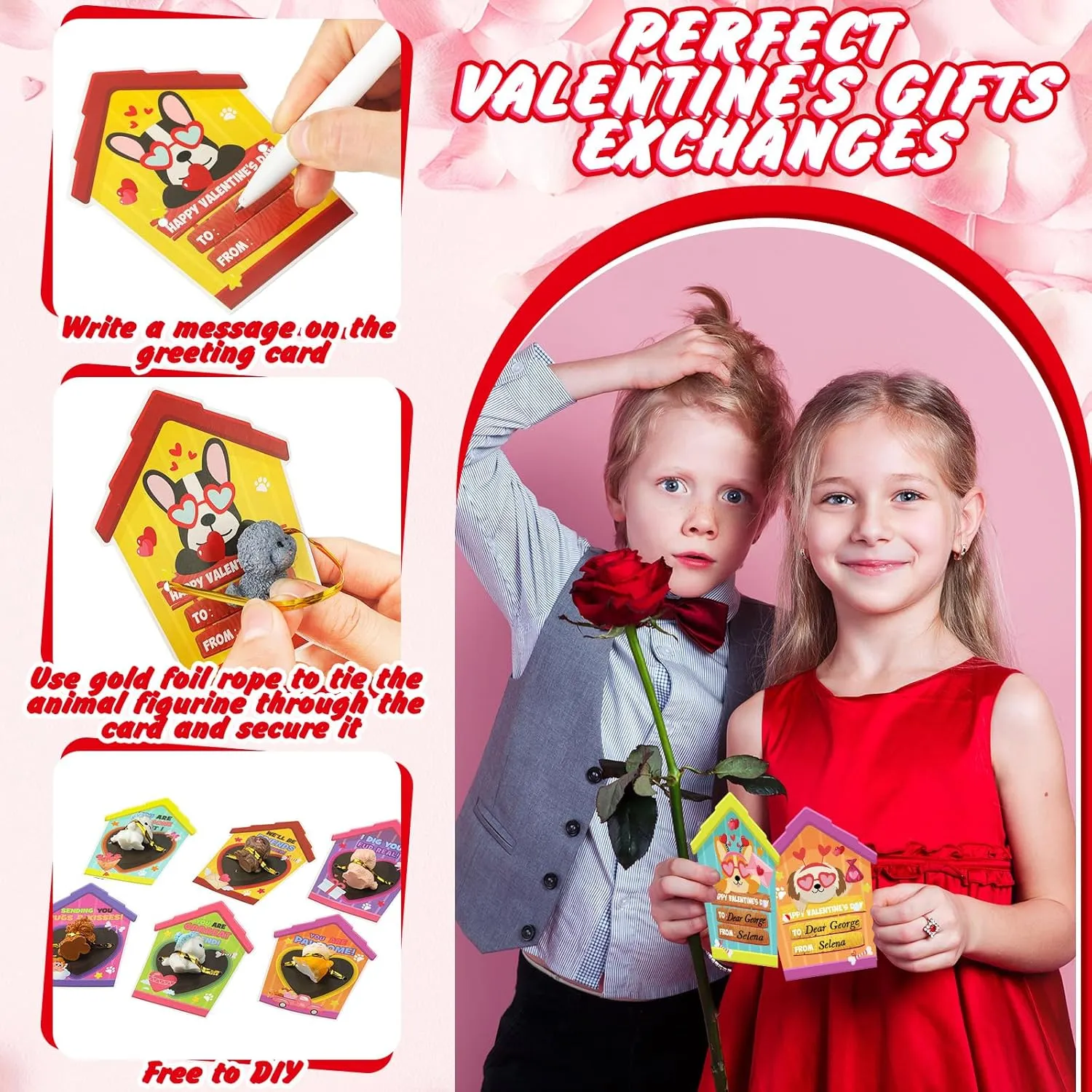 Zhanmai 48 Pcs Dog Valentine‘s Day Gifts Card with Dog Cat Figurines Resin Puppy Miniature Toys for Classroom Kids Heart Card for Valentine School Party Favors Class Exchange Prizes (Charming)