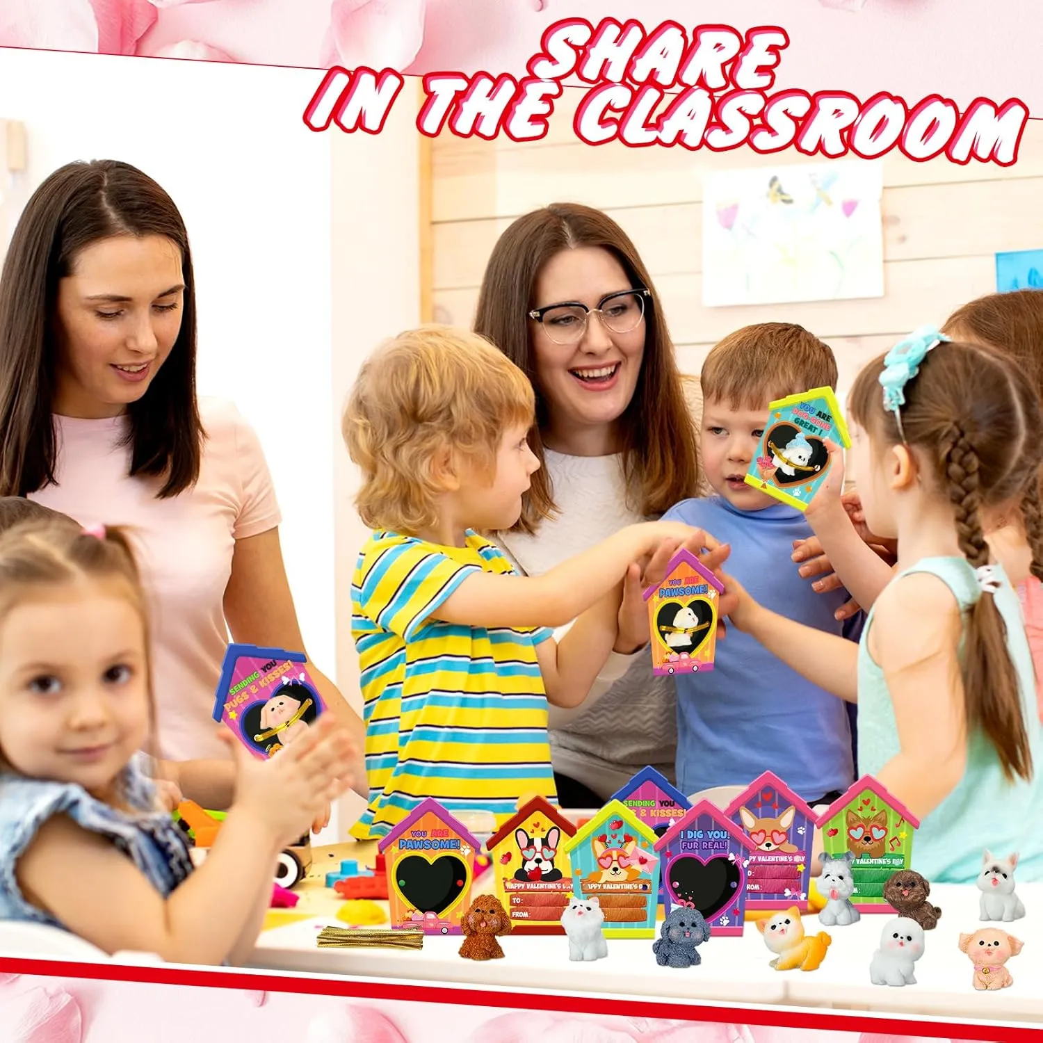 Zhanmai 48 Pcs Dog Valentine‘s Day Gifts Card with Dog Cat Figurines Resin Puppy Miniature Toys for Classroom Kids Heart Card for Valentine School Party Favors Class Exchange Prizes (Charming)