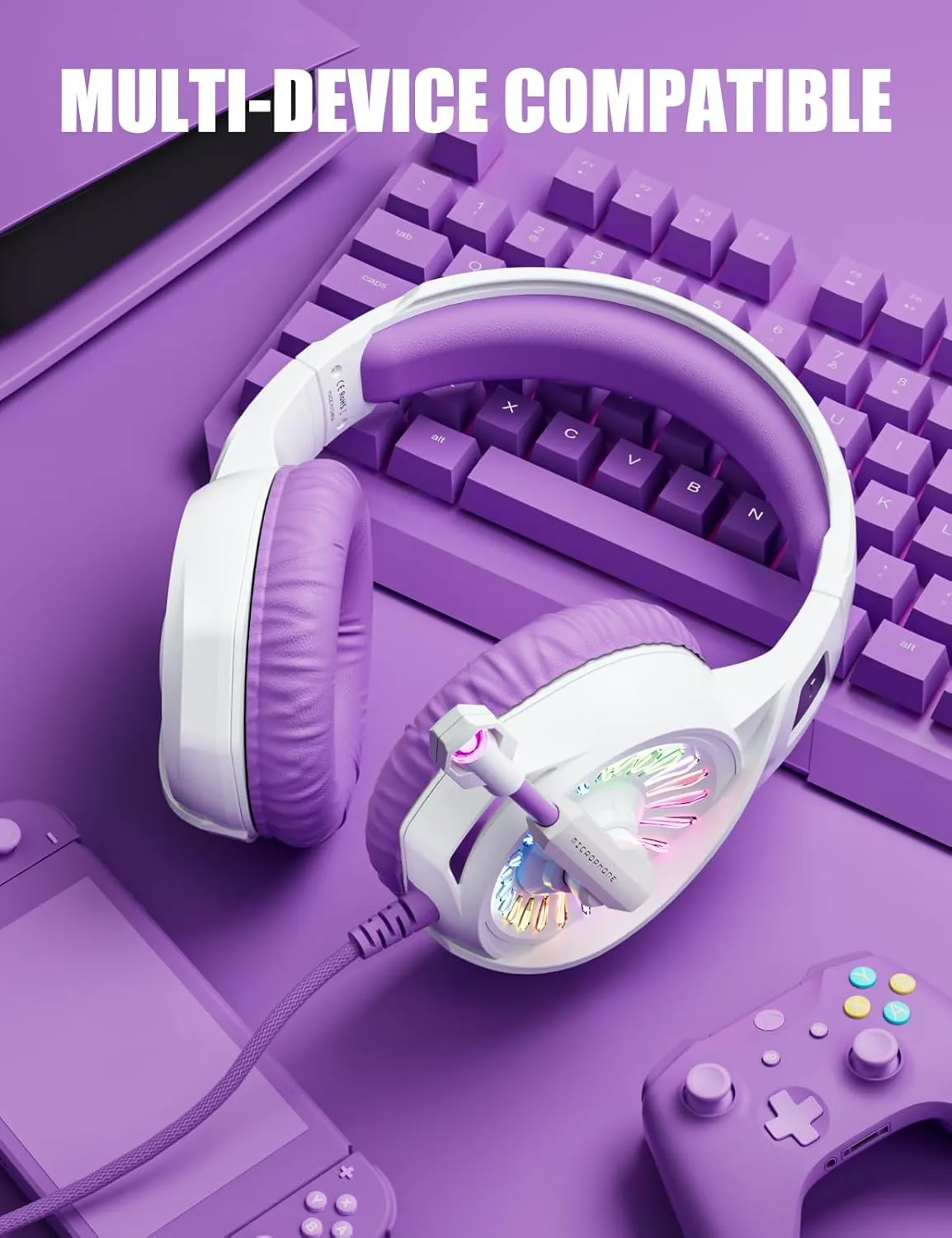 ZIUMIER Purple Gaming Headset with Microphone, Compatible with PS4 PS5 Xbox One PC Laptop, Over-Ear Headphones with LED RGB Light, Noise Canceling Mic, Stereo Surround Sound (Purple)