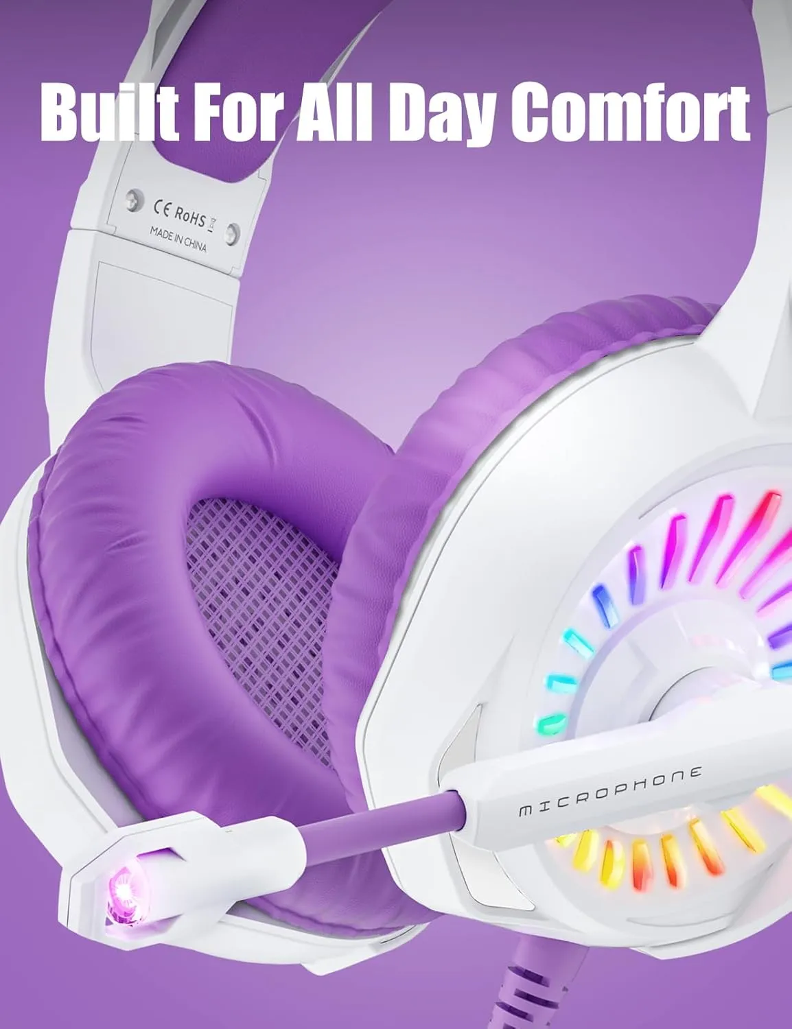 ZIUMIER Purple Gaming Headset with Microphone, Compatible with PS4 PS5 Xbox One PC Laptop, Over-Ear Headphones with LED RGB Light, Noise Canceling Mic, Stereo Surround Sound (Purple)