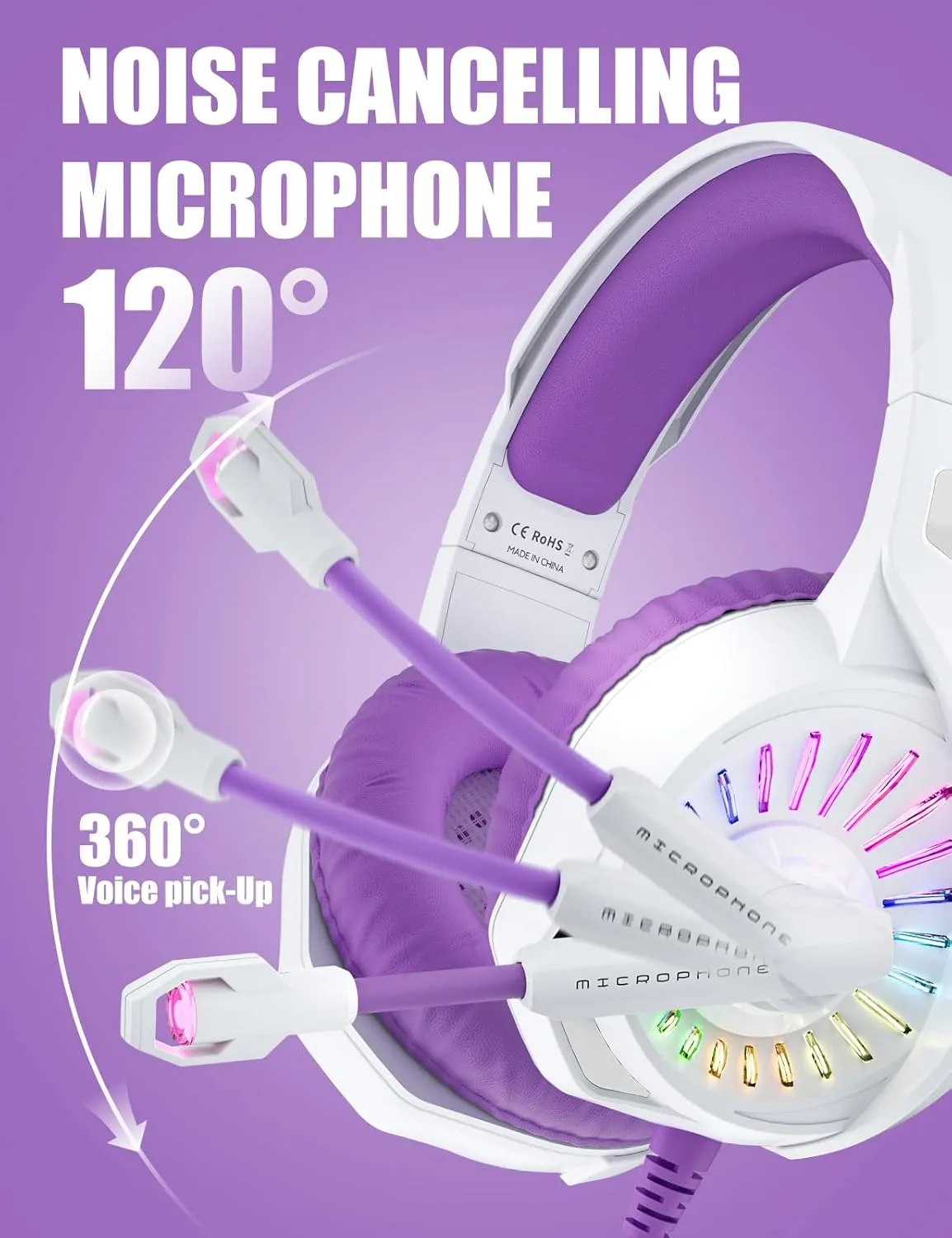 ZIUMIER Purple Gaming Headset with Microphone, Compatible with PS4 PS5 Xbox One PC Laptop, Over-Ear Headphones with LED RGB Light, Noise Canceling Mic, Stereo Surround Sound (Purple)