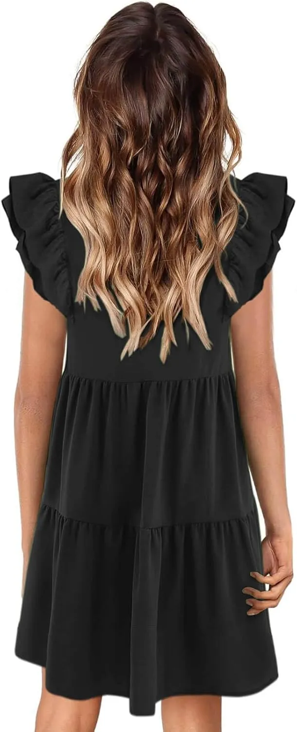 Zwurew Summer Babydoll Dresses for Women 2025 Cute Ruffle Cap Sleeve V-Neck Flowy Swing Mini Dress Sundress