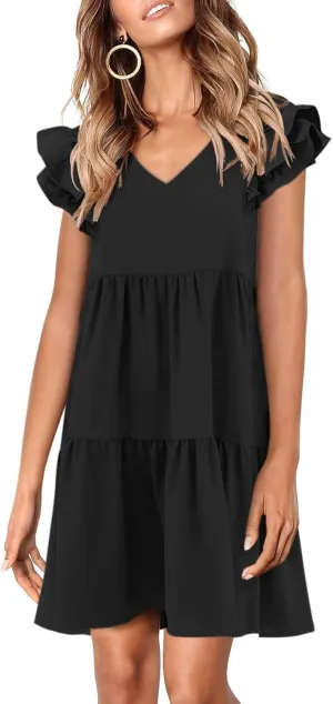 Zwurew Summer Babydoll Dresses for Women 2025 Cute Ruffle Cap Sleeve V-Neck Flowy Swing Mini Dress Sundress